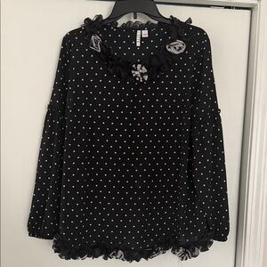 Elle Black Polka Dot Ruffle-Trim Blouse